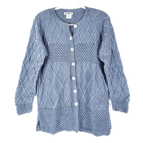 Deirdre McGuire Hand Knit in Ireland Cardigan Sweater Medium Pima Cotton Blue - Picture 1 of 4